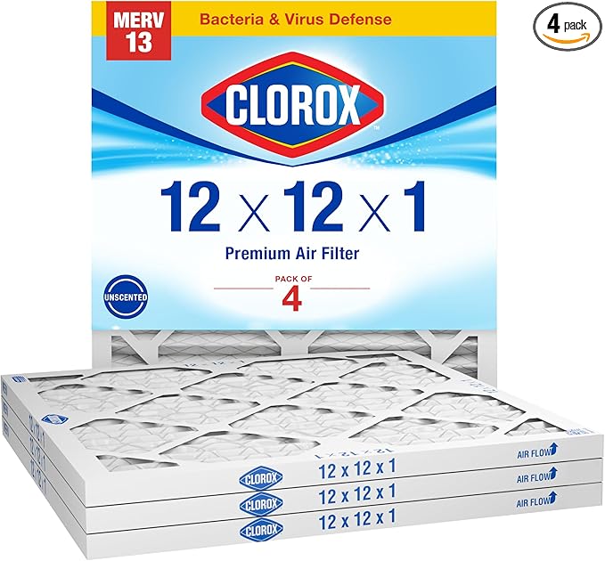 Clorox 12x12x1 Air Filter, MERV 13 Pleated HVAC AC Furnace Air Filters, MPR 1500 & FPR 10 – Pack of 4