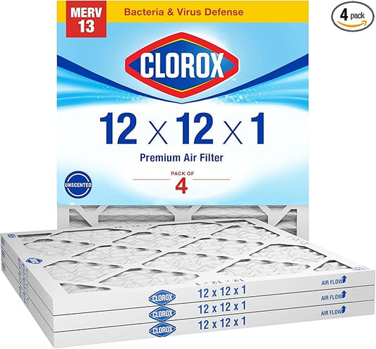Clorox 12x12x1 Air Filter, MERV 13 Pleated HVAC AC Furnace Air Filters, MPR 1500 & FPR 10 – Pack of 4