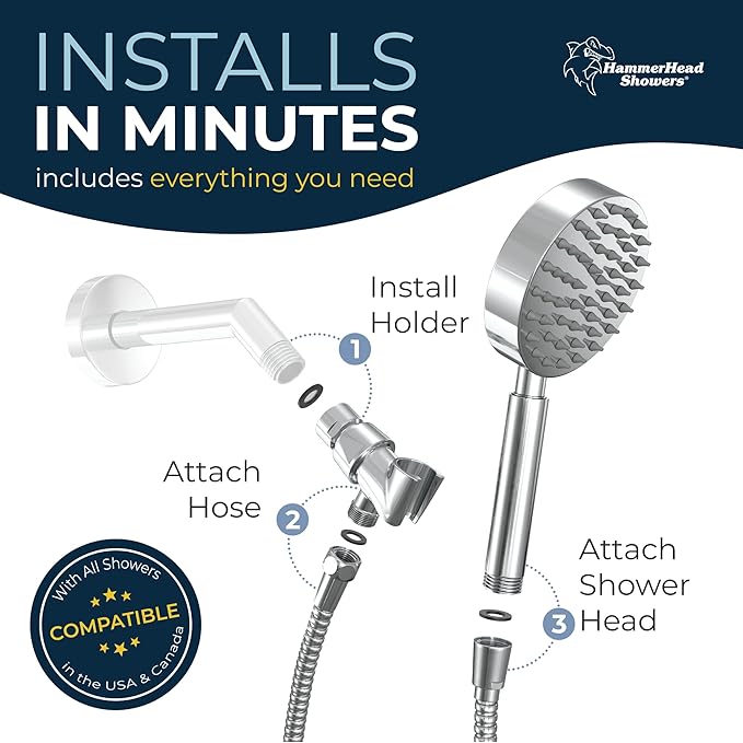 HammerHead Showers® Solid Metal LOW FLOW Handheld Shower Head with Hose and Brass Holder - CHROME – Water Saving 1.75 GPM Detachable Shower Head - Adjustable Shower Wand Bracket & 6ft Hose