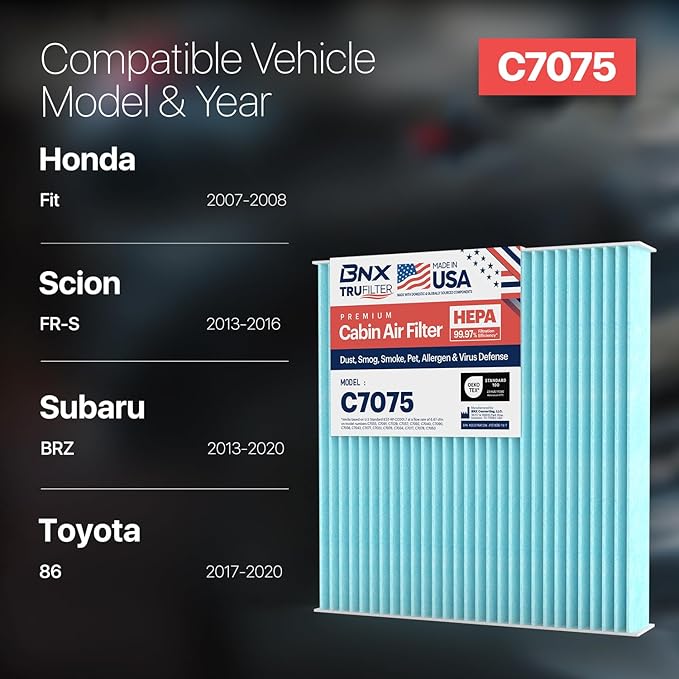 BNX TruFilter C7075 Cabin Air Filter, HEPA 99.97%, MADE IN USA, Compatible With Honda Fit, Scion FR-S; Subaru: BRZ; Toyota: 86