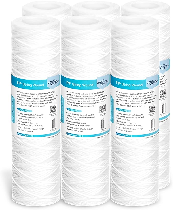 Membrane Solutions 10 Micron 10"x2.5" String Wound Whole House Water Filter Replacement Cartridge Universal Sediment Filters for Well Water - 6 Pack