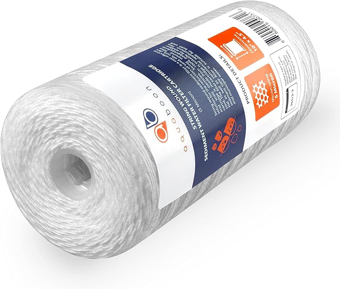 Aquaboon 5 Micron Water Filter 10 x 4.5 inch - String Wound Water Filter for Whole House System - Compatible with 84637, WPX5BB97P, PC10, 355214-45, 355215-45, WP10BB97P, WP5BB97P (4 Pack)