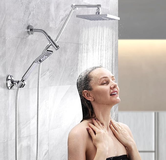 BRIGHT SHOWERS High Pressure Rain Shower Head Combo with Double Extension Arm, 8 Inch Rainfall Shower Head with Handheld Spray, Height Adjustable Dual Square Showerhead Set, Chrome