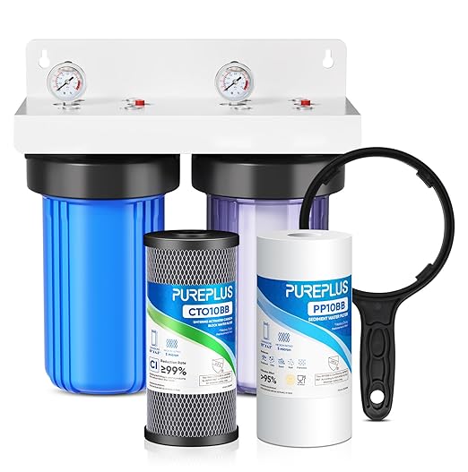 PUREPLUS 2-Stage Whole House Water Filtration System – 10" x 4.5" Universal Clear Housing, NSF/ANSI 42 Certified Filters, 1” Inlet/Outlet, Pressure Gauges – Reduces Chlorine, Odor, Sediment & Rust