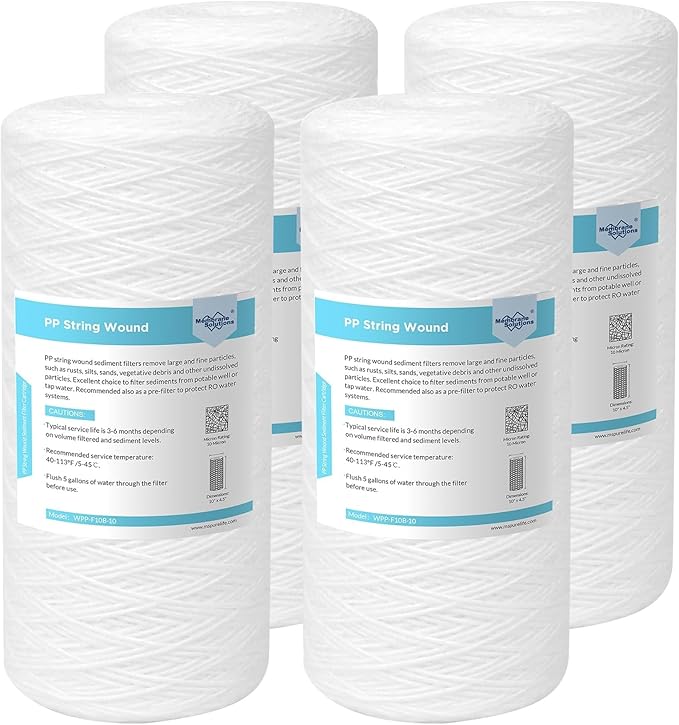 Membrane Solutions 10 Micron 10"x4.5" String Wound Whole House Water Filter Replacement Cartridge Universal Sediment Filters for Well Water - 4 Pack