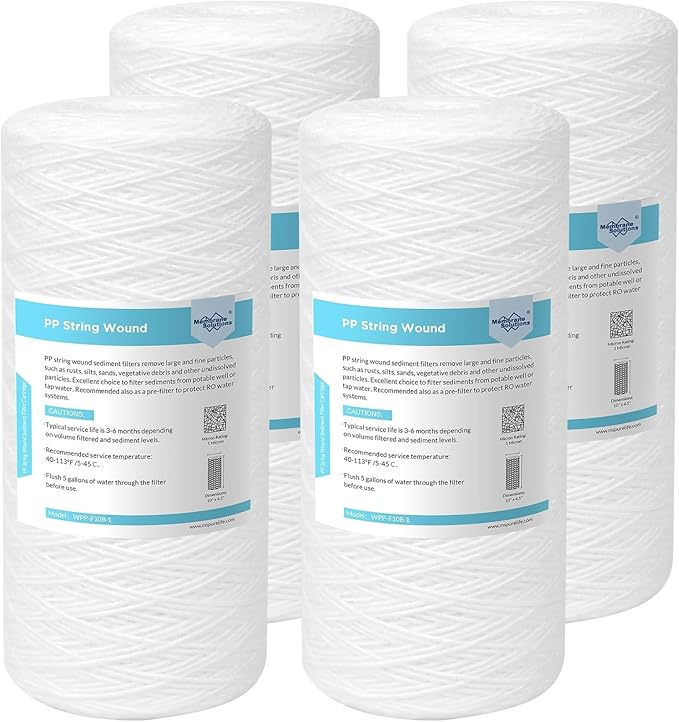 Membrane Solutions 1 Micron 10"x4.5" String Wound Whole House Water Filter Replacement Cartridge Universal Sediment Filters for Well Water - 4 Pack