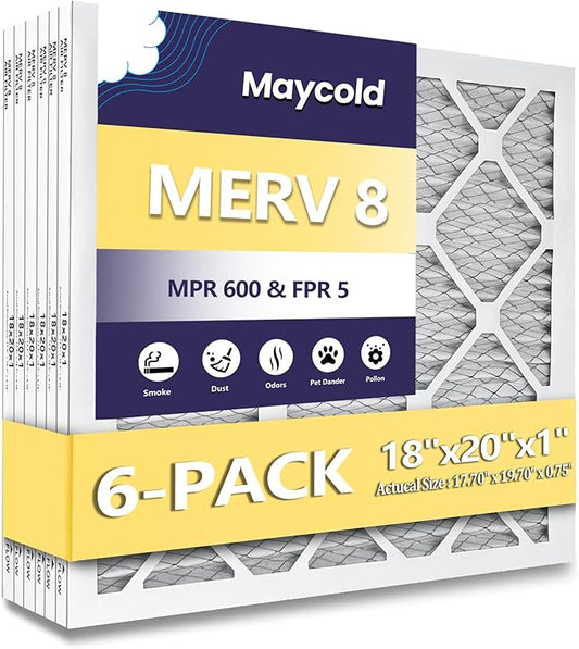 Maycold MERV 8 18x20x1 Furnace Air Filters (6-Pack), Pleated HVAC AC Filters – Actual Size 17.70” x 19.70” x 0.75”, For Residential or Office Use, Individually Wrapped in Plastic
