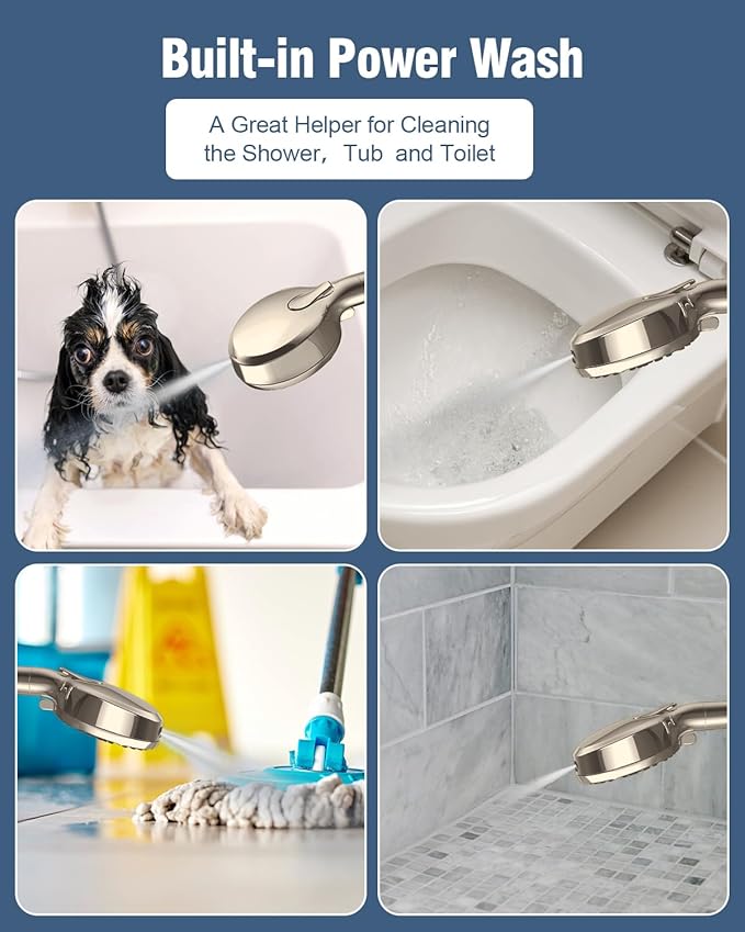 Filtered Shower Head with Handheld Brushed Nickel, BOWGER 6 Modes High Pressure Shower Heads with Power Wash Mode and Hard Water Filter, Detachable Hand Held Showerhead Set with Extra Long Hose