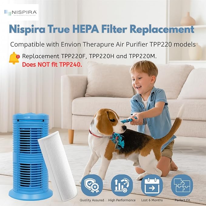 Nispira True HEPA Air Filter Replacement Compatible with Envion Therapure Air Purifier Models TPP220, TPP220F, TPP220H & TPP220M - 12.5” x 4.35” x 2.1” (3 Pack)
