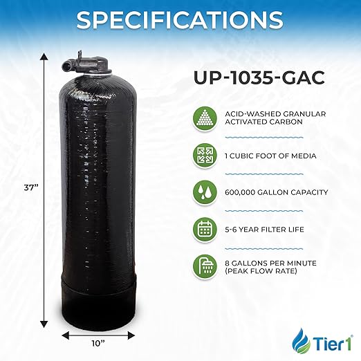 Tier1 Whole House Chlorine Filter | 600,000 Gallon Capacity, 5-6 Year Life | Pre-Filled Carbon Tank with 1 Cubic Foot of Premium Acid-Washed Granular Activated Carbon | Home Water Filtration System
