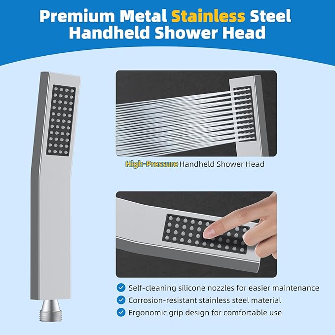 Hibbent All Metal Shower Head, 12'' High Pressure Rainfall Shower Head, Showerhead Combo, Handheld Shower Wand, 12'' Adjustable Curved Shower Extension Arm, 71'' Hose, Shower Head Holder, Chrome