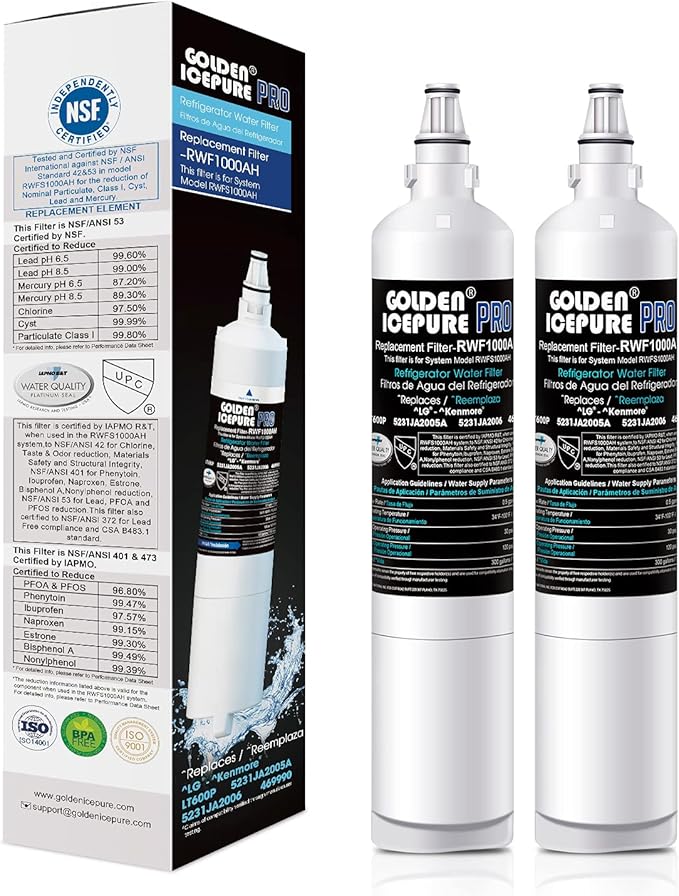 GOLDEN ICEPURE RWF1000A Replacement For 5231JA2005A, LG LT600P, 469990, WF300, FML-2, 5231JA2006B, LFX25961SB, LSC27931ST, LFX25971ST, LRSC26925TT, LSC27990TT 2PACK