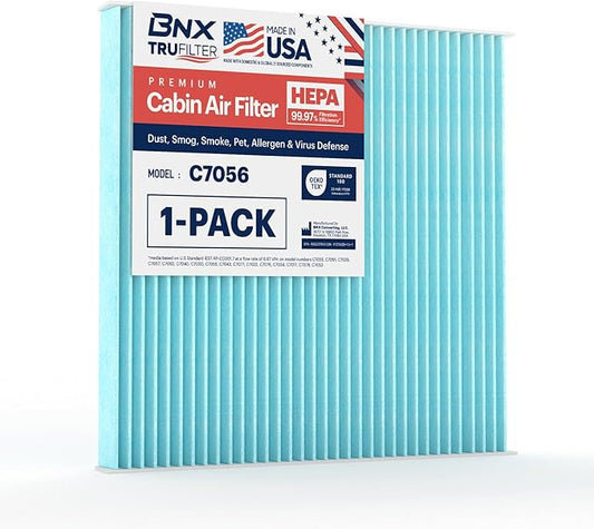 BNX TruFilter C7056 Cabin Air Filter, HEPA 99.97%, MADE IN USA, Compatible With Select Toyota Camry, 4Runner, Prius, Avalon, FJ Cruiser, Celica, Sienna, Solara; Lexus ES330, GX470, RX330, RX350,RX400h