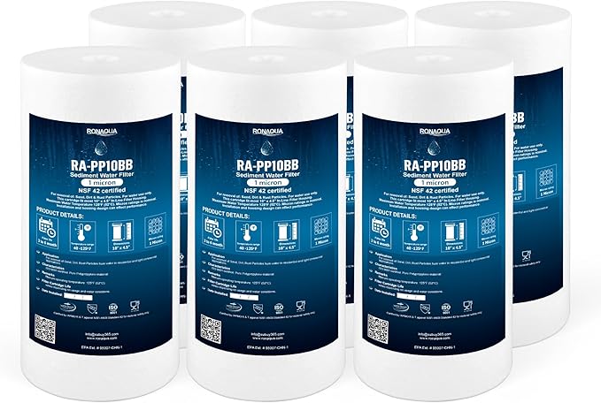 Ronaqua 10" x 4.5" Big Sediment Replacement Water Filter Cartridge, 1 Micron, NSF Certified, for Whole House, Compatible with RFC-BBSA, W15-PR, WFHD13001B, GXWH35F, HF45-10BLBK10PR and AP817, 6 Pack