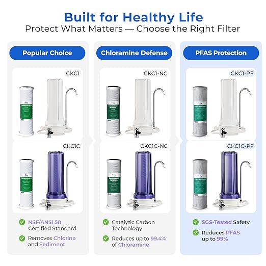 iSpring CKC1C-PF 2.5" x 10" Countertop Water Filter, SGS Tested Filter, Reduces PFAS, Chlorine, Odors - Easy Installation, Fits Most Faucets, Up to 12 Months, Clear (1 Filter Included)