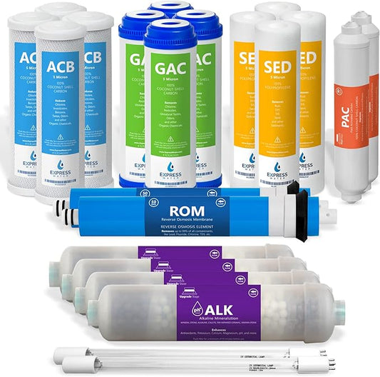 Express Water – 2 Year Reverse Osmosis System Filter Set – 22 Filters with 50 GPD RO Membrane, Carbon GAC ACB PAC, Sediment SED, Alkaline, and UV Filters – 10 inch Size Replacement Water Filters…