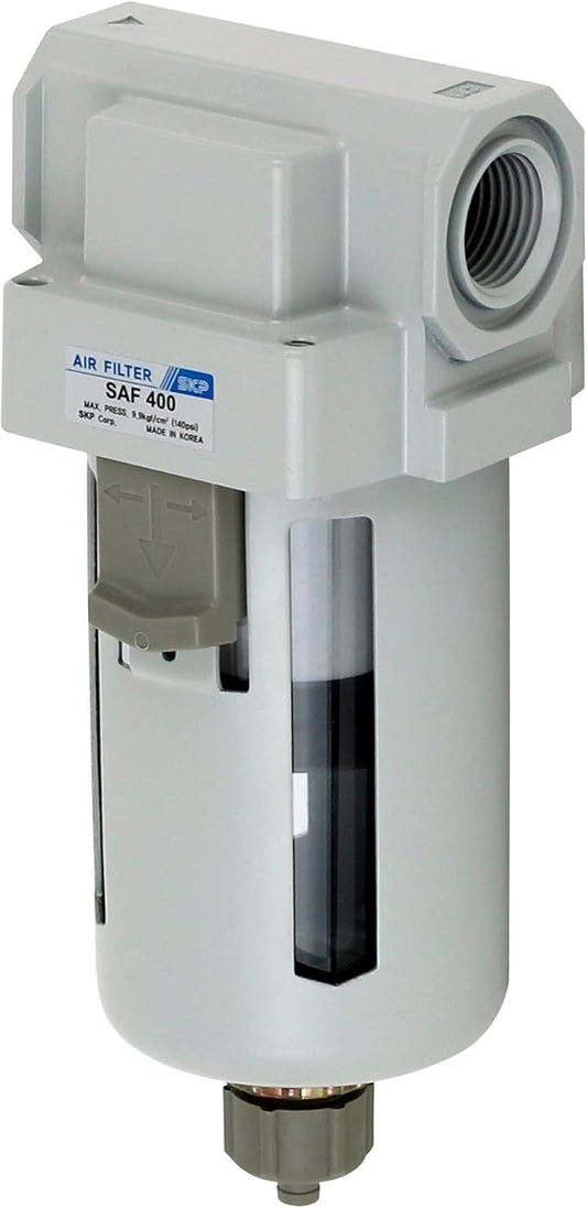 PneumaticPlus SAF400-N04B Compressed Air Particulate Filter 1/2" NPT, 10 Micron Element, Poly Bowl, Manual Drain, Bracket