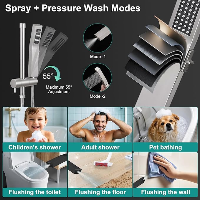 All Metal 10 Inch Rain Shower Head with Handheld Spray Combo, High Pressure Waterfall Rainfall Square Shower Heads with 16" Adjustable Extension Arm, Dual Showerhead with 3-Way Diverter,Brushed Nickel