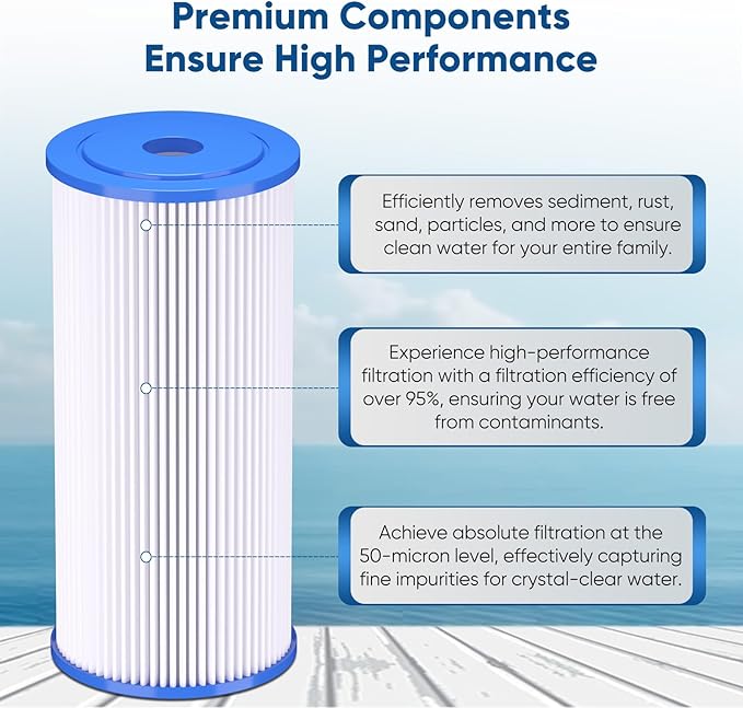 PUREPLUS 50 Micron 10" x 4.5" Whole House Pleated Sediment Filter for Well Water, Replacement Cartridge for GE FXHSC, Culligan R50-BBSA, Pentek R50-BB, DuPont WFHDC3001, W50PEHD, GXWH40L, 3Pack