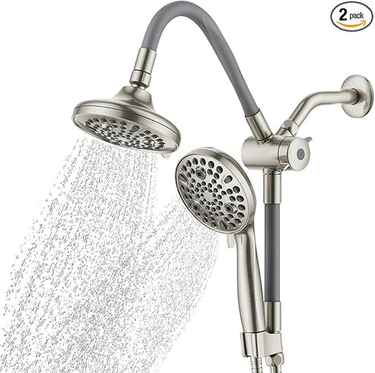 AQUAZEN® Dual Shower Head Combo | Adjustable Rainfall + Handheld Shower | 6 Spray Modes Each | Flexible Mount & Swivel Heads | 5ft Stainless Steel Hose | Premium Nickel Finish | Fits All US Showers