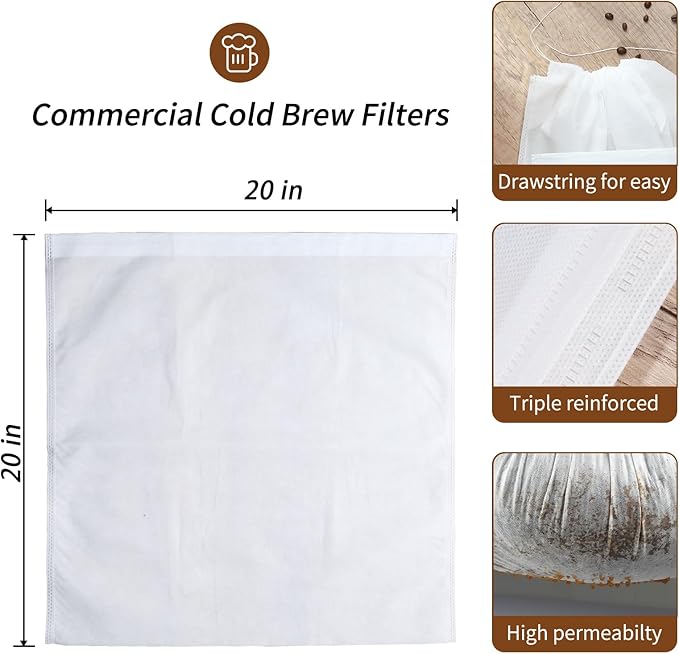 100Pcs Commercial Cold Brew Coffee Filters for 5 Gallon Buckets, 20" X 20" Disposable Coffee Filters with Drawstring for Brew Up To 5 LBS Coffee