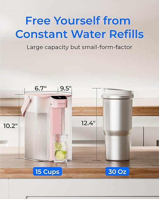 Waterdrop Electric Water Filter Pitcher, Reduce 99.6% of Lead and 45+ Impurities, 200-Gallon Rechargeable Water Dispenser, Instant 15-Cup Countertop System, NSF/ANSI 401&53&42&372, Pink