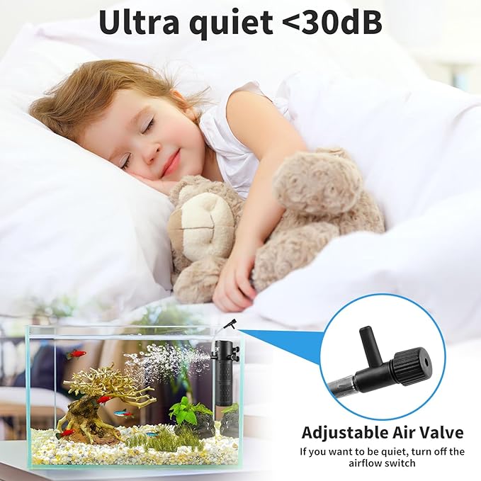 Aquarium Filter, Fish Tank Filter 4-in-1 for 40-120 Gallon Tanks, Submersible Internal Filter with Wave-Maker, Oxygenation & Adjustable Air Flow for Freshwater/Saltwater/Turtle Tanks (12W)