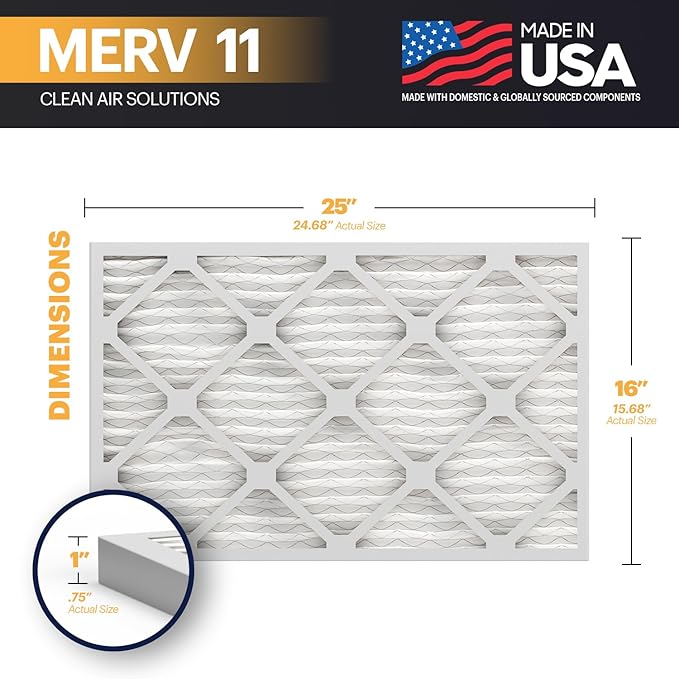 BNX TruFilter 16x25x1 Air Filter MERV 11 (6-Pack) - MADE IN USA - Allergen Defense Electrostatic Pleated Air Conditioner HVAC AC Furnace Filters for Allergies, Dust, Pet, Smoke, Allergy MPR 1200 FPR 7