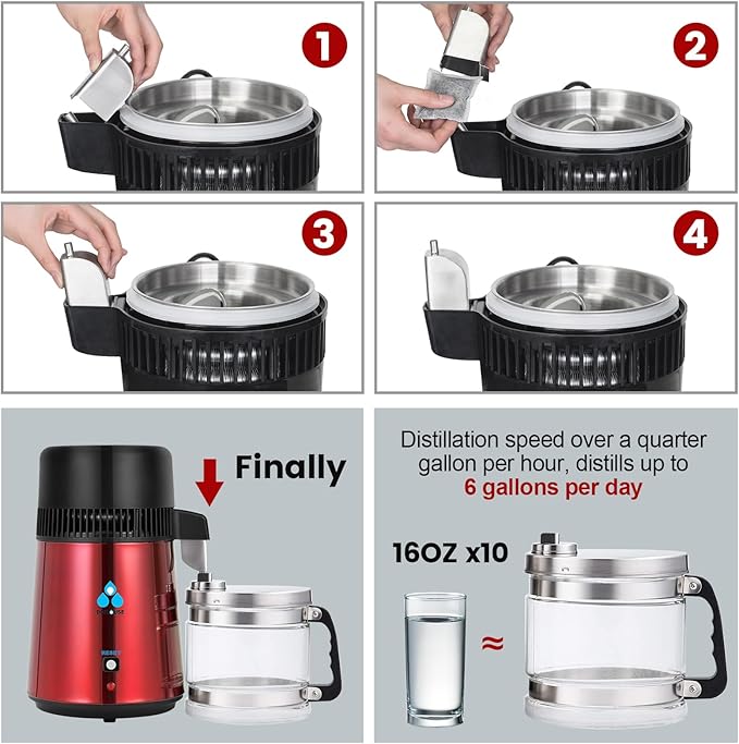 DC HOUSE Upgrade 1 Gallon Water Distiller, 4L Stainless Steel Home Countertop Drinking Pure Water Distiller Machine with On Off Switch, Glass Container