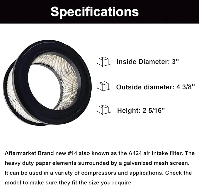 32170979 Air Filter Soberg # 14 A424 Air Intake Filter Element for Ingersoll Rand SS5 2340 T30 2475 Air Compressor - 2 Pack