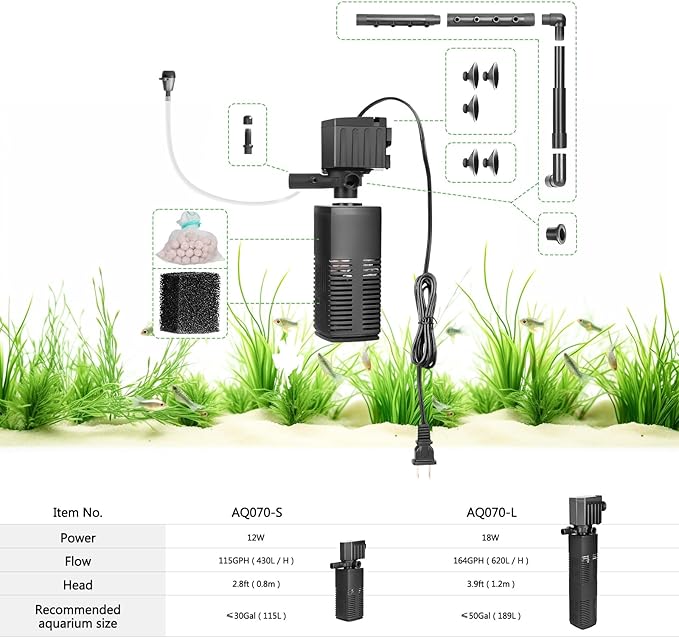 AQQA Aquarium Filter, 3-Stage Filtration, Adjustable Wave Maker & Oxygenator, Quiet 12W 115GPH Submersible Pump, Easy Clean Sponge Filter, for 30 Gallon Freshwater Saltwater Fish Tank 110V/60Hz