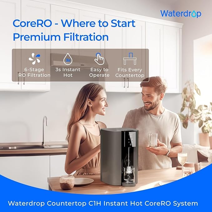 [ Instant Hot ] Waterdrop C1-G Countertop Reverse Osmosis System, NSF/ANSI 58&372 Certified, 6 Stage Hot RO Water Filter, No Installation Required, 3:1 Pure to Drain, Glass Bottle Included