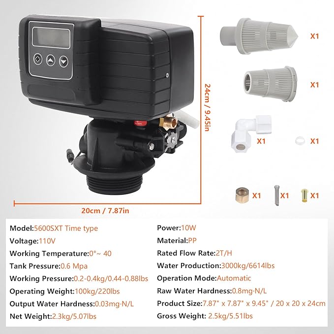 Whole House Water Softener Valve 48,000 Grains - High Performance Automatic Digital Metered Control Head,Reduces Hardness & Minerals - Improve Water Quality - for 1-2 bathrooms
