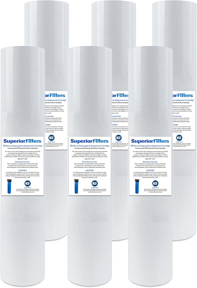 10 Micron Sediment Filter - Whole House Water Filter Cartridge - 4.5 x 20-inch Replacement - Compatible with All Whole House Water Filter System - (20 X 4.5, 6 Count)