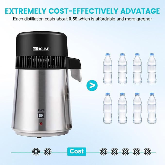 DC HOUSE Water Distiller 1 Gallon Distilled Water Machine, Stainless Steel Water Distillers for Home Countertop, 750W Distilled Water Maker Tabletop Distiller to Make Clean Water
