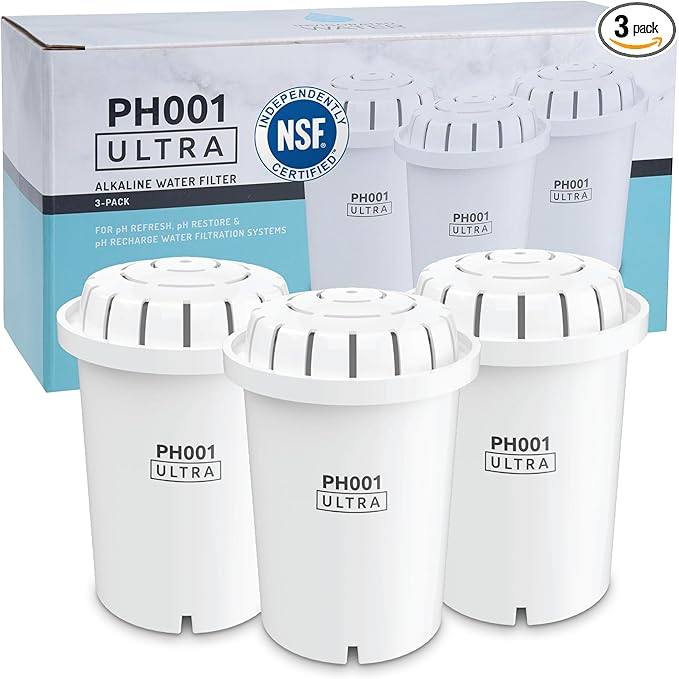 PH001 Ultra - NSF Certified Alkaline Water Filter – Replacement Filters for Invigorated Water Pitcher Systems – BPA-Free, Removes Chlorine, Heavy Metals – 96 Gallons/Filter (White, 3-Pack)