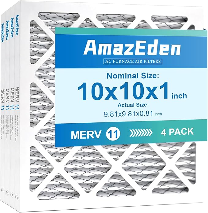 10x10x1 Air Filter MERV 11 (4-Pack) MPR 1000 FPR 7 AC HVAC Furnace Pleated Filters Dust Defense Replacement for Home (Exact Dimensions: 9.81x9.81x0.81 Inches)