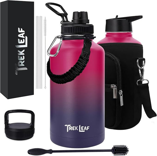 Travel Water Bottle with Carrying Bag, 3 Lids (Spout, Straw, Handle), and Bottle Brush; Leak Proof, Quality, Vacuum Insulated, Stainless Steel (Mixed Berry, 64 oz)