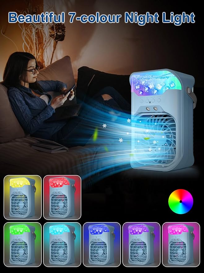 Portable Air Conditioner, 1500ML, Removable & Washable Fan Blades, Timer Function, 4 Speeds, 2 Cool Mists, 7-Color Light, Personal Evaporative Air Cooler for Home, Office, Bedroom, and Camping-Blue
