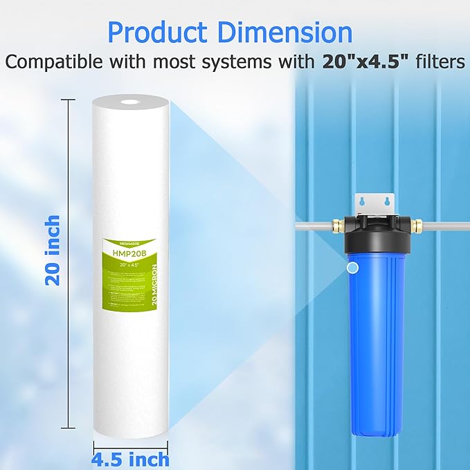 20 Micron Whole House Water Filter Cartridge, Sediment Filters for Well Water, Universal Replacement for Any 20 inch Big Housings - 20" x 4.5" Cartridges - Pack of 6