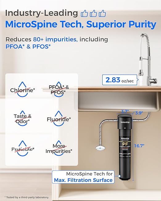 Waterdrop 15UA-PF Under Sink Water Filter, Reduces 𝐏𝐅𝐀𝐒, 𝐏𝐅𝐎𝐀/𝐏𝐅𝐎𝐒, Chlorine, Bad Taste & Odor, Under Sink Water Filtration System, Direct Connect to Kitchen Faucet, 6 Months