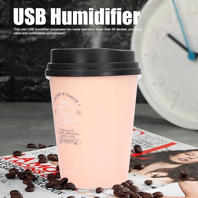 Mini Humidifier, USB 300ml Coffee Cup Low Noise Auto Off Desk Humidifier, Car Humidifier Diffuser, Small Humidifier, Portable Humidifier for Travel, Cute Humidifiers for Bedroom Home Office(Pink)