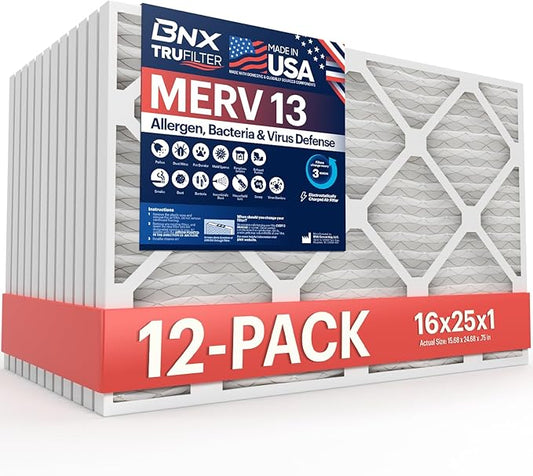 BNX TruFilter 16x25x1 MERV 13 (12-Pack) AC Furnace Air Filter - MADE IN USA - Electrostatic Pleated Air Conditioner HVAC AC Furnace Filters - Removes Pollen, Mold, Bacteria, Smoke