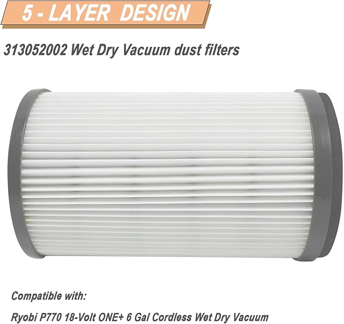 P770 Vacuum Filter Compatible with Ryobi 18-Volt ONE+ 6 Gal Cordless Wet Dry Vacuum Filter 313052002 (2 Packs，Grey)