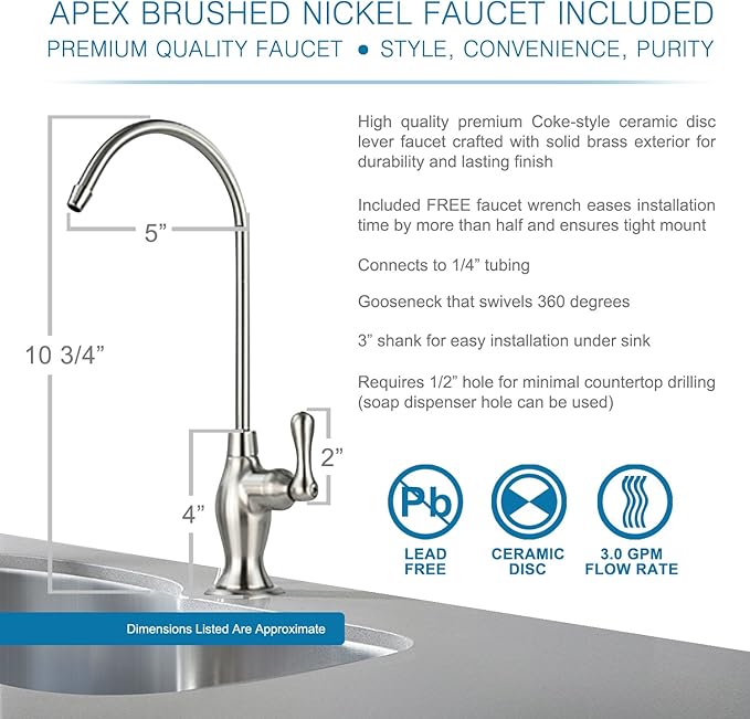 APEX Under Sink Drinking Water Filter - 3 Stage Inline Under Kitchen Counter Purification System - Max Flow Brushed Nickel Faucet