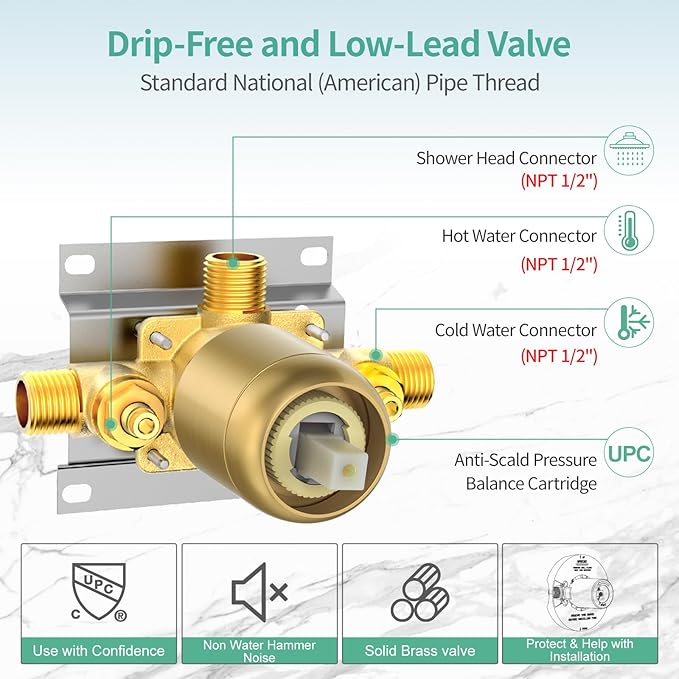 SR SUN RISE High Pressure 3-Way Rainfall Shower Faucet, 3 in 1 Shower Head and Handheld Shower Combo Set with 71” Hose, Easy to Clean Bathtub or Pets, Valve and Shower Trim Kit, Brushed Gold