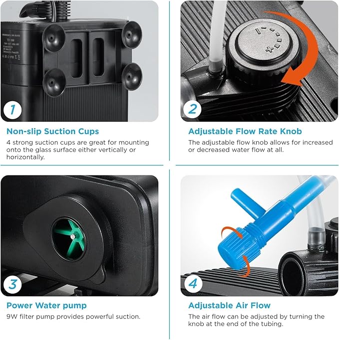Internal Fish Tank Filter with 18W UV Light, Multi Filter Materials, Adjustable Water Flow Submersible Aquarium Filter Pump for 60 ~ 90 Gallon Freshwater or 40 ~ 60 Gallon Saltwater, TU-1300(350GPH)
