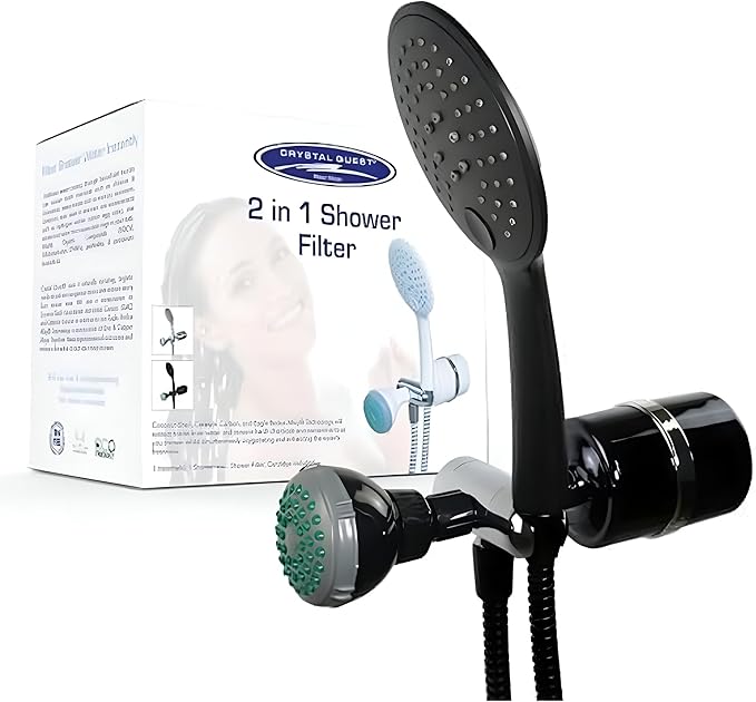 Crystal Quest Luxury 2-in-1 Handheld and Shower Head Combo Filter System - Black - BPA Free | 1.25-2.5 GPM | Reversible Cartridge | Great for Dechlorination