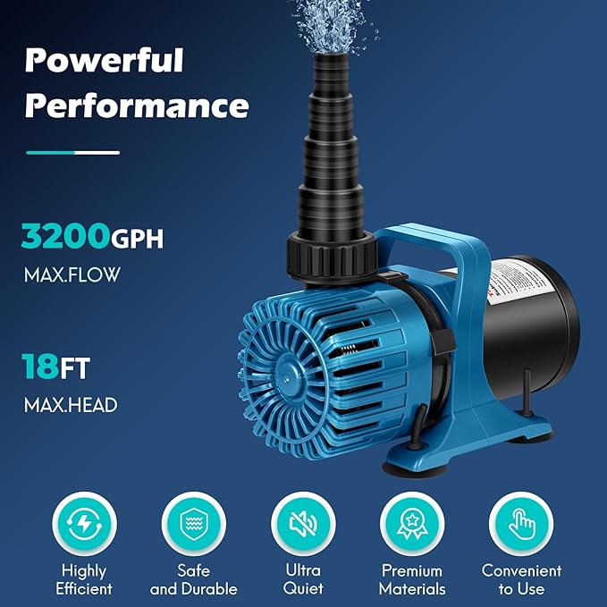 150W 3200 GPH Pond Pump for Outdoor Ponds, Pond Waterfall Pump with 20FT Power Cord, 180° Adjustable Flow Direction & Barrier Bag, Ultra-Quiet Water Fountain Pump, UL Listed