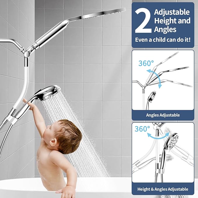 KAIYING Dual Shower Heads with Handheld Spray Combo, High Pressure Modern Rain Shower Head with 9-Mode Handheld Showerhead, Double Rainfall Shower Head with 79-Inch Stainless Steel Hose (Chrome)